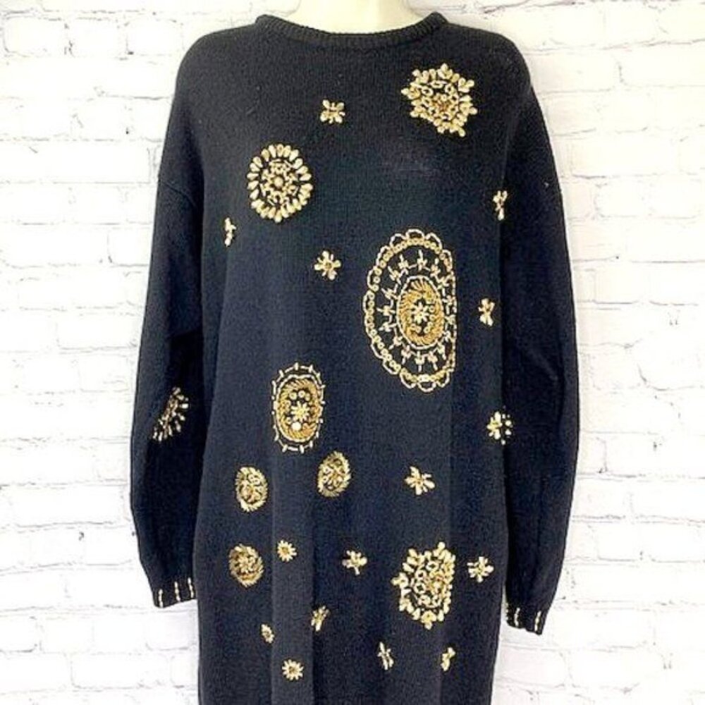 80s VTG MARSHALL ROUSSO GOLD BEADED LONG SWEATER - M - Picture 2 of 6